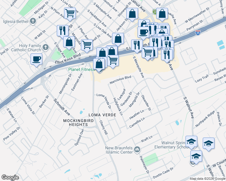 map of restaurants, bars, coffee shops, grocery stores, and more near 935 Hollyhock Lane in New Braunfels