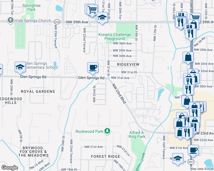 map of restaurants, bars, coffee shops, grocery stores, and more near 3003 Northwest 21st Terrace in Gainesville