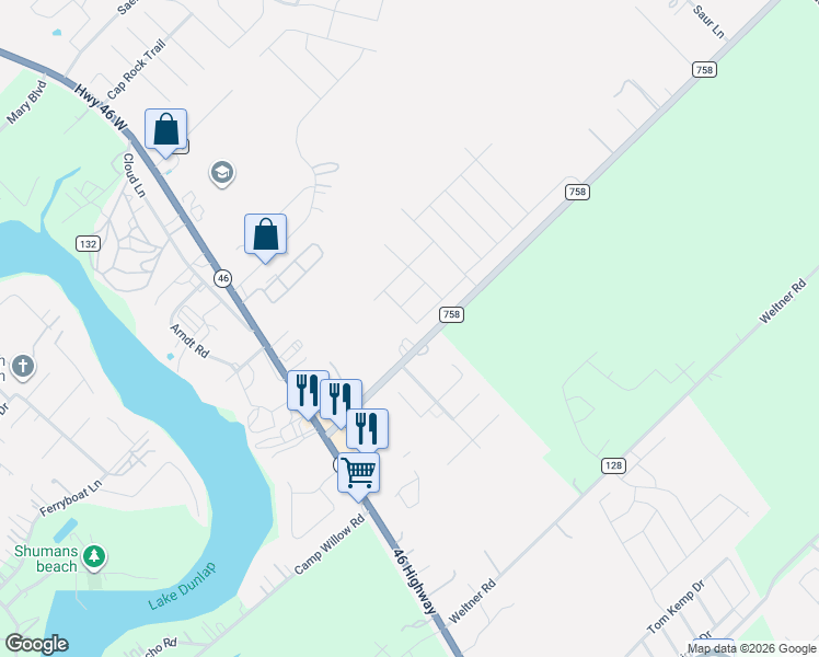 map of restaurants, bars, coffee shops, grocery stores, and more near 1464-1542 Farm to Market Road 758 in New Braunfels