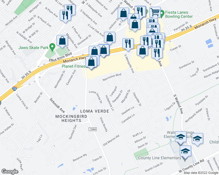 map of restaurants, bars, coffee shops, grocery stores, and more near 1020 Orchid Circle in New Braunfels