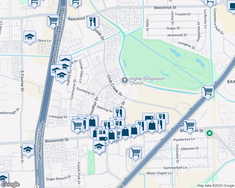 map of restaurants, bars, coffee shops, grocery stores, and more near 103 Club Creek Drive in Houston