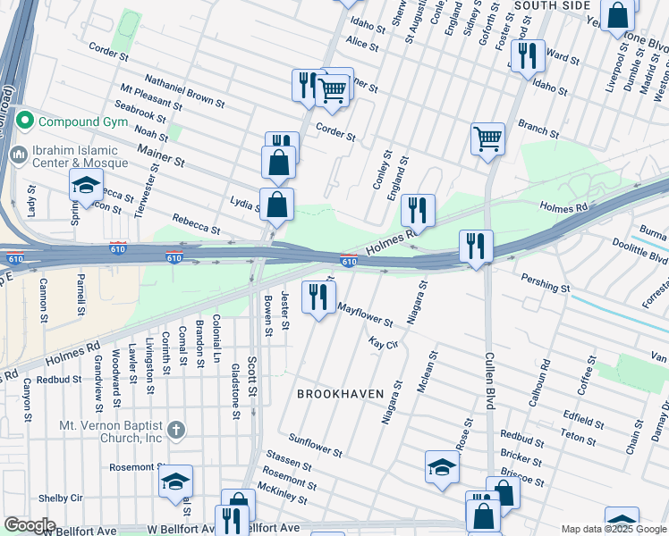 map of restaurants, bars, coffee shops, grocery stores, and more near 4100 South Loop East Freeway in Houston