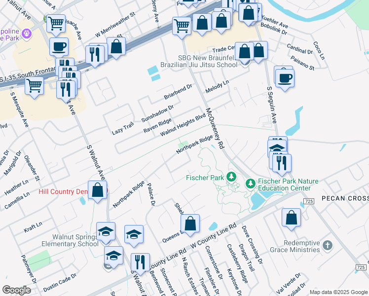 map of restaurants, bars, coffee shops, grocery stores, and more near 653 Northstar Loop in New Braunfels