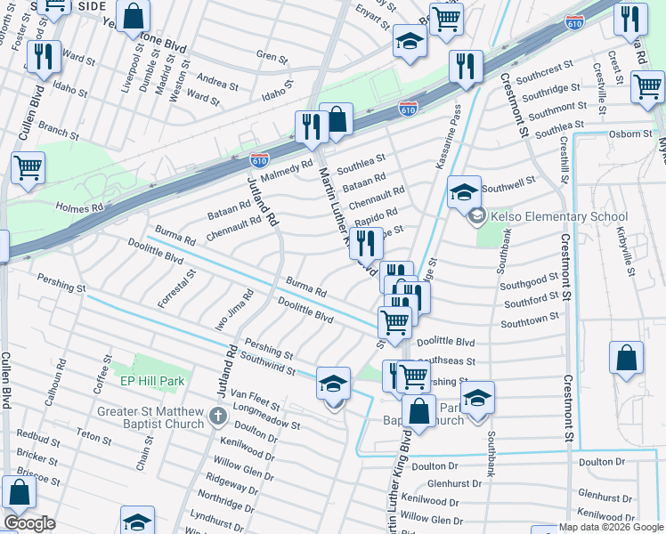 map of restaurants, bars, coffee shops, grocery stores, and more near 5213 Tarawa Road in Houston