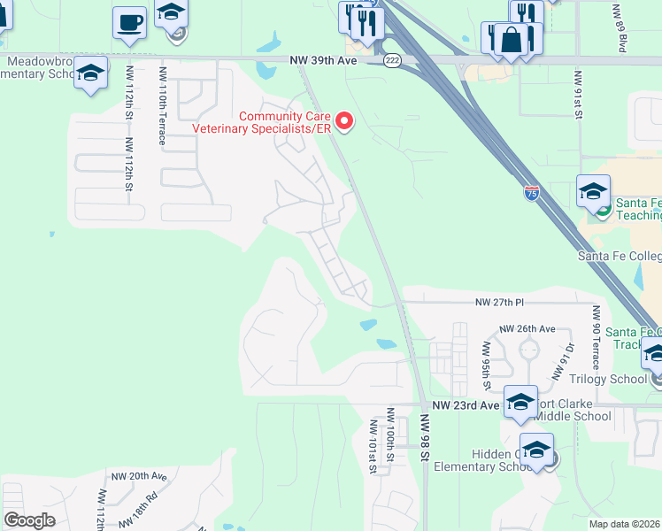 map of restaurants, bars, coffee shops, grocery stores, and more near 10557 Northwest 29th Lane in Gainesville