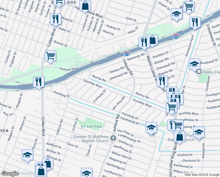 map of restaurants, bars, coffee shops, grocery stores, and more near 4937 Doolittle Boulevard in Houston