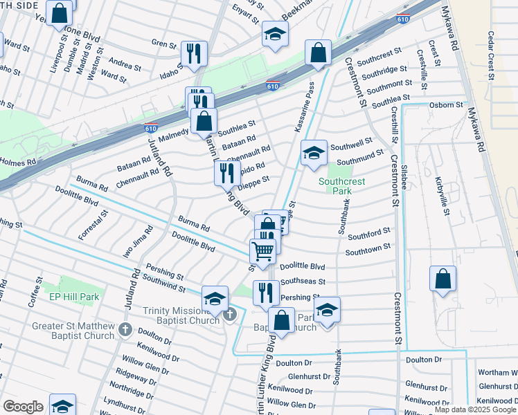 map of restaurants, bars, coffee shops, grocery stores, and more near 5317 Anzio Road in Houston