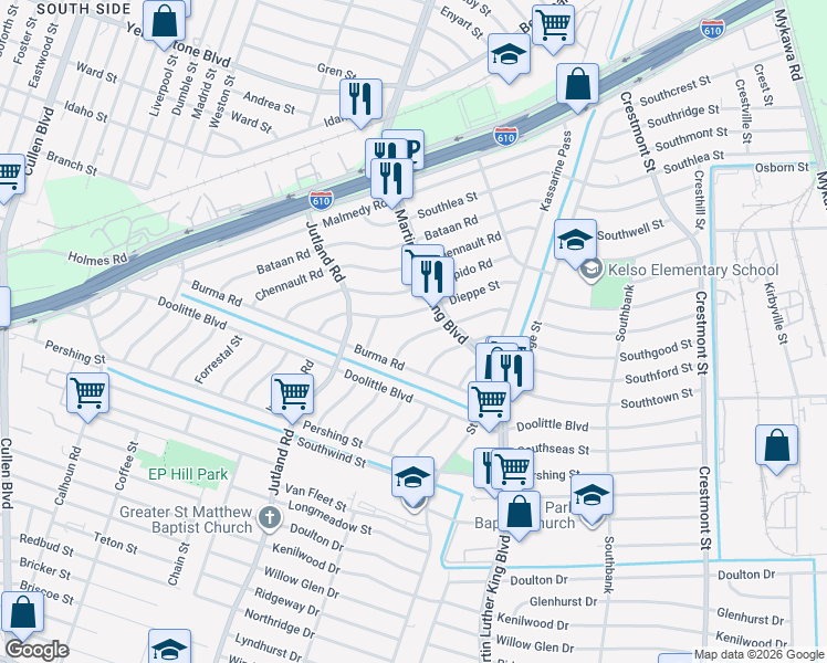 map of restaurants, bars, coffee shops, grocery stores, and more near 5213 Tarawa Road in Houston