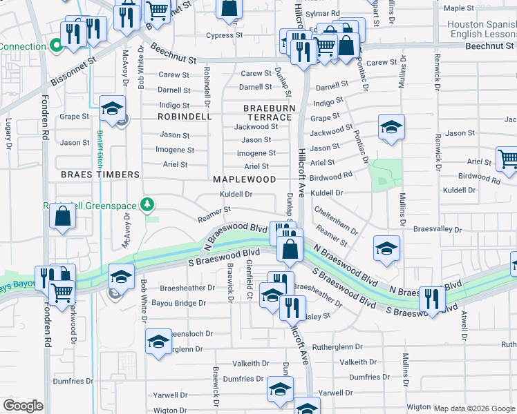 map of restaurants, bars, coffee shops, grocery stores, and more near 5910 Reamer Street in Houston