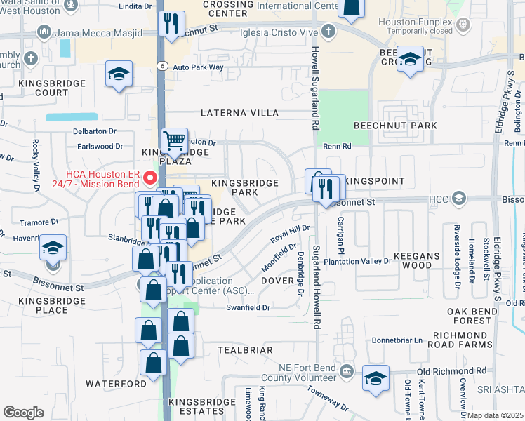 map of restaurants, bars, coffee shops, grocery stores, and more near 14223 Almond Bay Lane in Houston