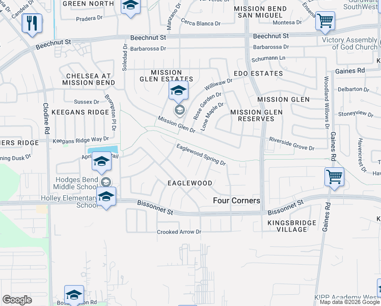 map of restaurants, bars, coffee shops, grocery stores, and more near 16103 Darwood Court in Houston