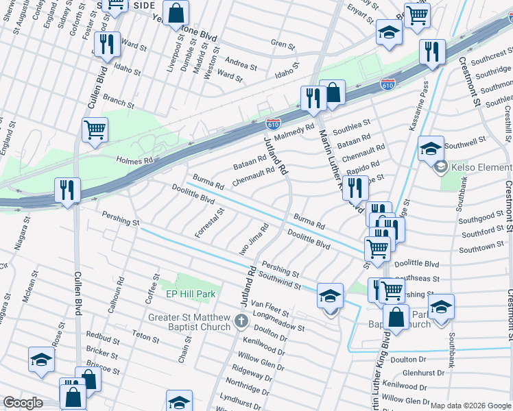 map of restaurants, bars, coffee shops, grocery stores, and more near 5014 Burma Road in Houston