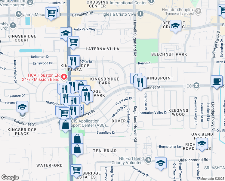 map of restaurants, bars, coffee shops, grocery stores, and more near 14223 Almond Bay Lane in Houston