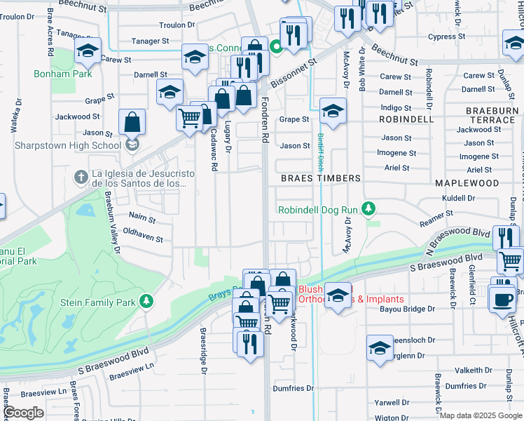 map of restaurants, bars, coffee shops, grocery stores, and more near 9000 Fondren Road in Houston