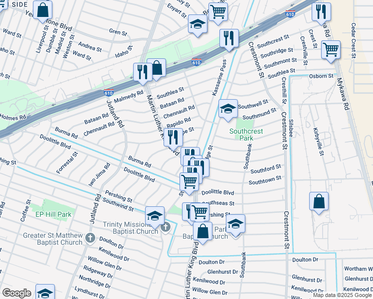 map of restaurants, bars, coffee shops, grocery stores, and more near 5317 Anzio Road in Houston