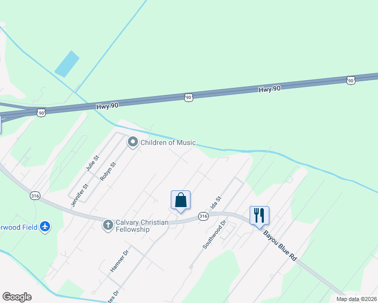 map of restaurants, bars, coffee shops, grocery stores, and more near 314 Buccaneer Road in Houma