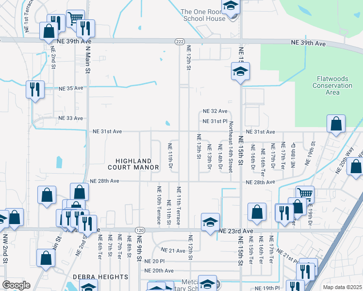 map of restaurants, bars, coffee shops, grocery stores, and more near 3003 Northeast 11th Terrace in Gainesville