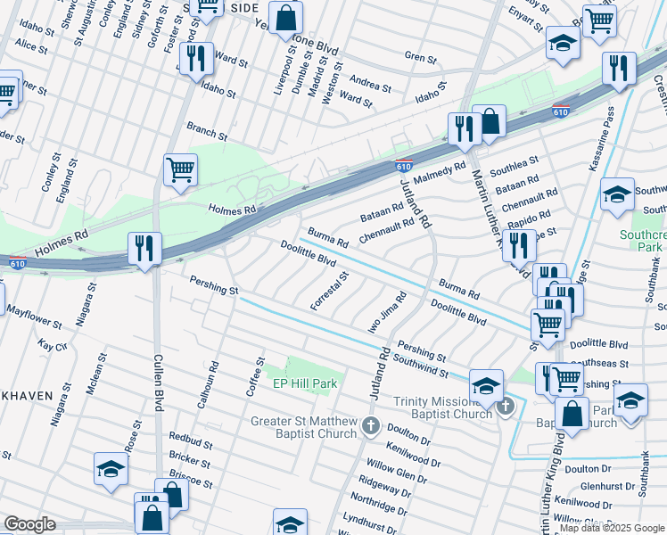 map of restaurants, bars, coffee shops, grocery stores, and more near 7303 Eisenhower Road in Houston