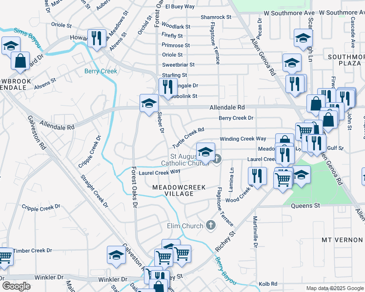map of restaurants, bars, coffee shops, grocery stores, and more near 5502 Meadow Creek Lane in Houston