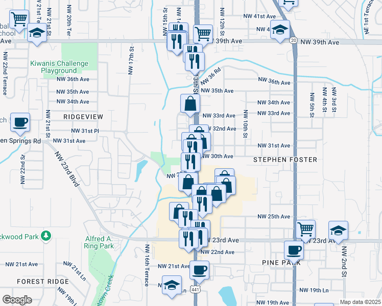map of restaurants, bars, coffee shops, grocery stores, and more near 3008 Northwest 13th Street in Gainesville