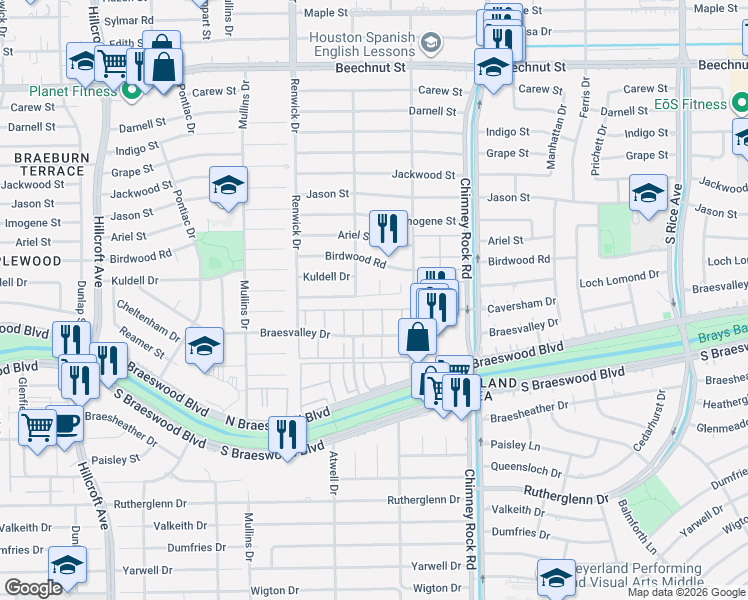 map of restaurants, bars, coffee shops, grocery stores, and more near 5400 Loch Lomond Drive in Houston