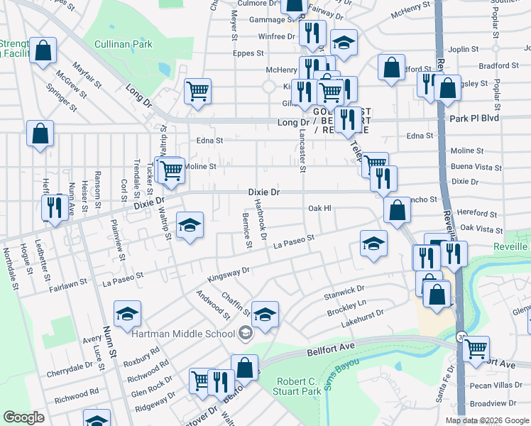map of restaurants, bars, coffee shops, grocery stores, and more near 7200 Oak Hill in Houston