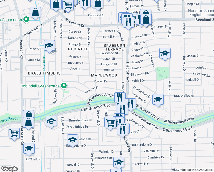 map of restaurants, bars, coffee shops, grocery stores, and more near 5910 Reamer Street in Houston