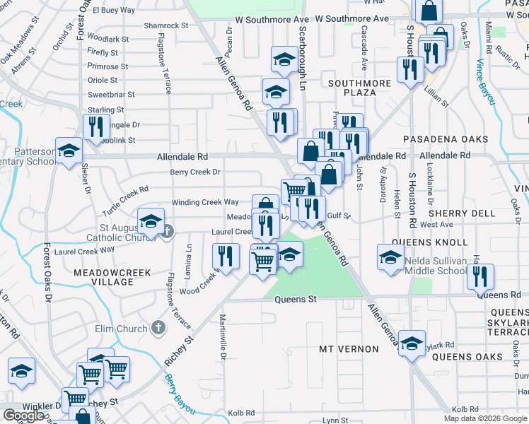 map of restaurants, bars, coffee shops, grocery stores, and more near 5747 Meadow Creek Lane in Houston