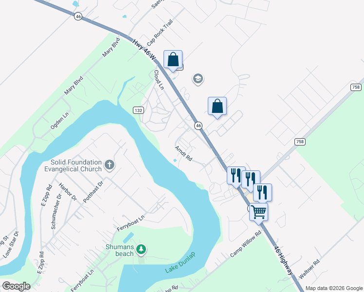 map of restaurants, bars, coffee shops, grocery stores, and more near 1545 Arndt Road in New Braunfels