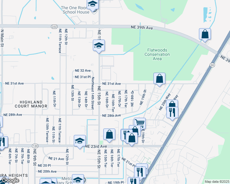 map of restaurants, bars, coffee shops, grocery stores, and more near 2937 Northeast 16th Terrace in Gainesville
