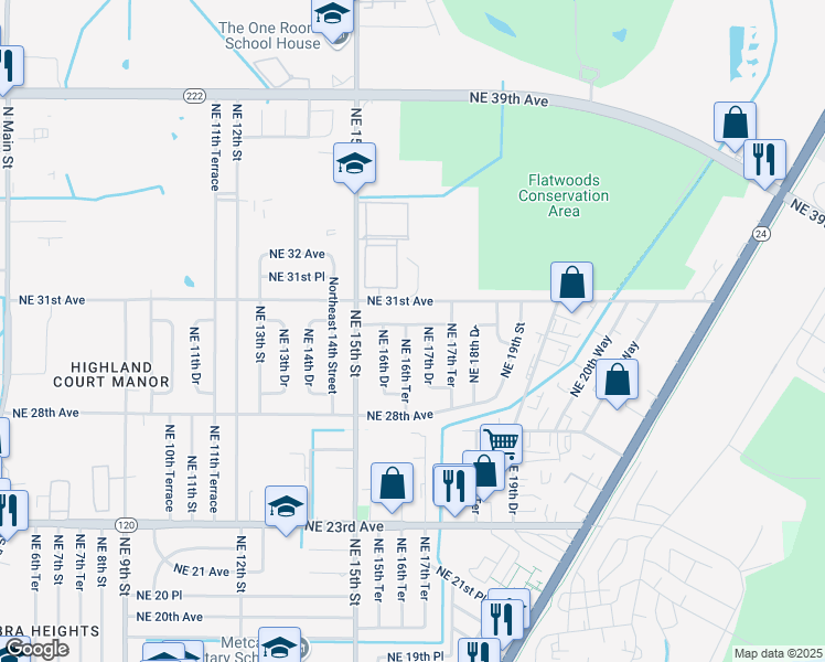 map of restaurants, bars, coffee shops, grocery stores, and more near 2937 Northeast 16th Terrace in Gainesville