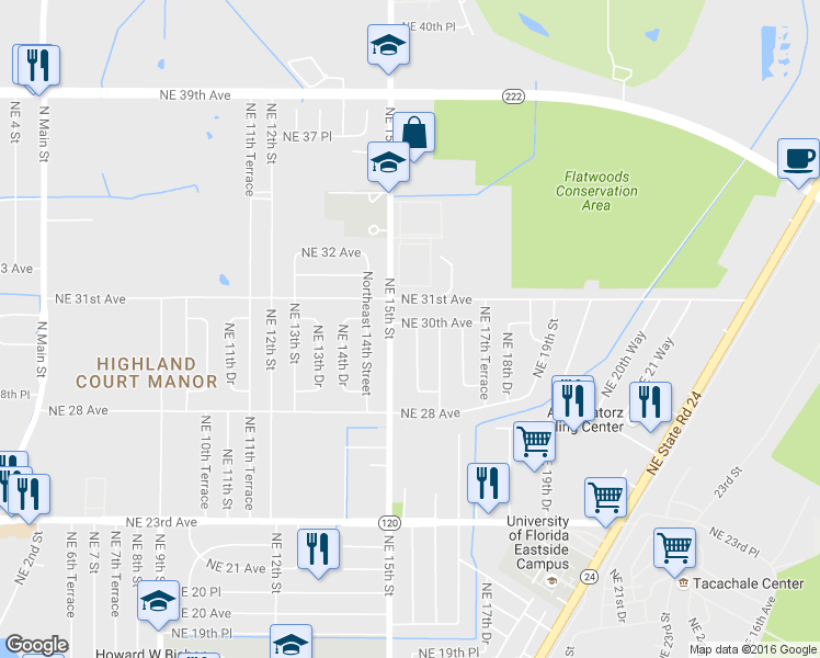 map of restaurants, bars, coffee shops, grocery stores, and more near 2936 Northeast 16th Drive in Gainesville