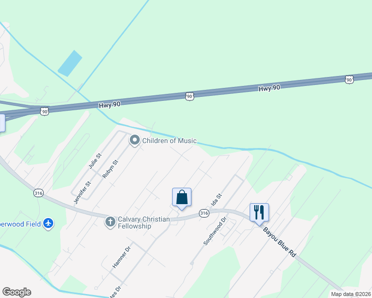 map of restaurants, bars, coffee shops, grocery stores, and more near 314 Buccaneer Road in Houma