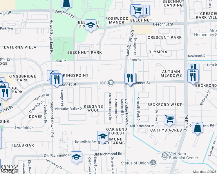 map of restaurants, bars, coffee shops, grocery stores, and more near 13803 Bissonnet Street in Houston
