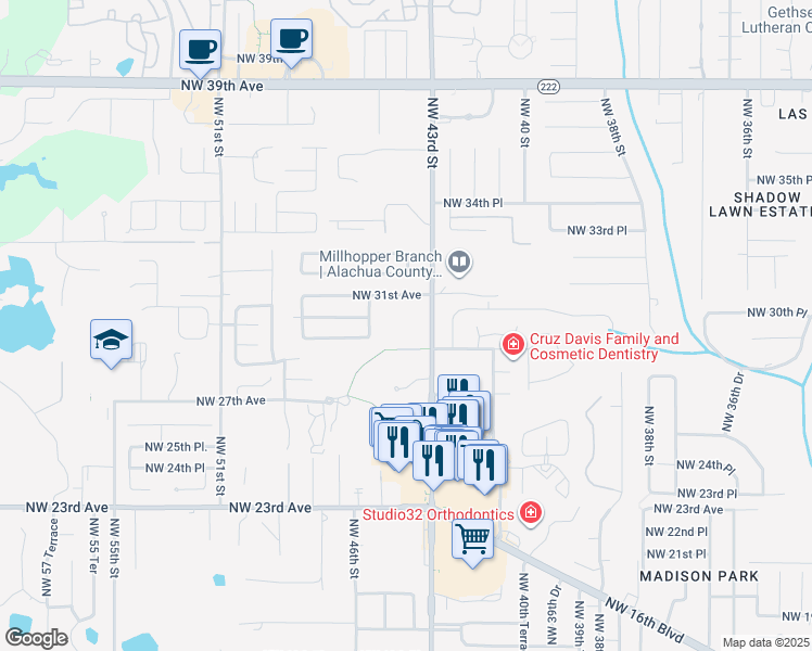 map of restaurants, bars, coffee shops, grocery stores, and more near 2932 Northwest 43rd Street in Gainesville