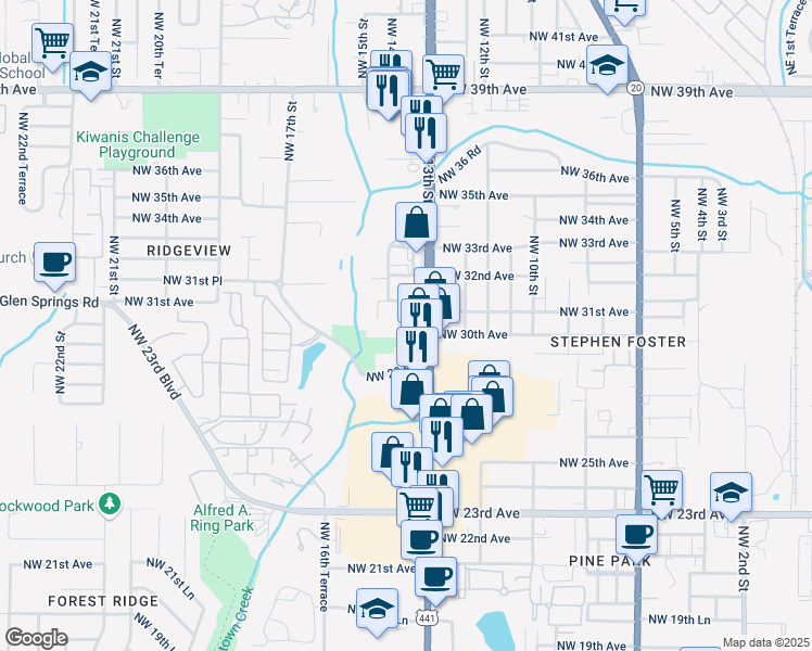map of restaurants, bars, coffee shops, grocery stores, and more near 3008 Northwest 13th Street in Gainesville