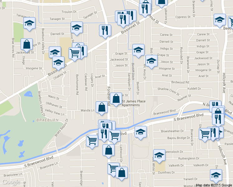 map of restaurants, bars, coffee shops, grocery stores, and more near 6618 Reamer Street in Houston