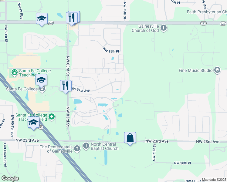 map of restaurants, bars, coffee shops, grocery stores, and more near 2925 Northwest 76th Terrace in Gainesville