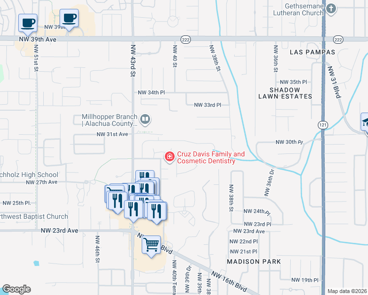 map of restaurants, bars, coffee shops, grocery stores, and more near 3920 Northwest 23rd Circle in Gainesville