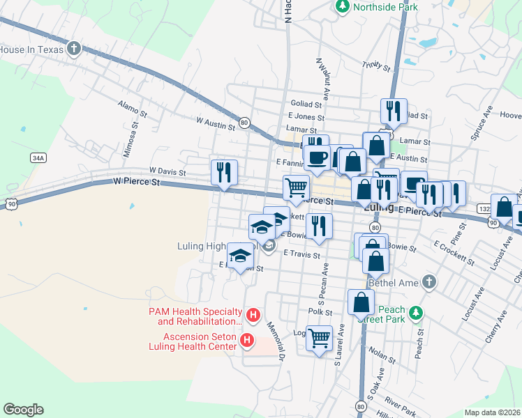 map of restaurants, bars, coffee shops, grocery stores, and more near 112 South Hackberry Avenue in Luling