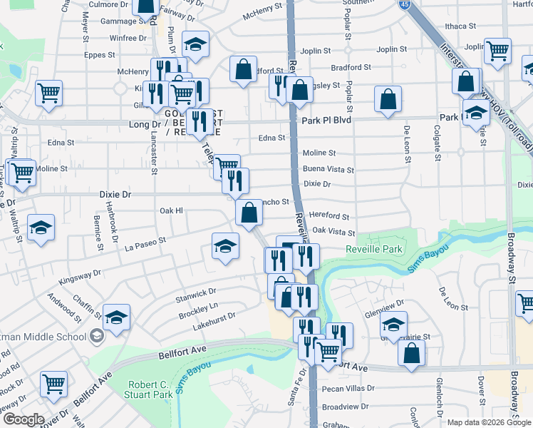 map of restaurants, bars, coffee shops, grocery stores, and more near 7519 Hereford Street in Houston
