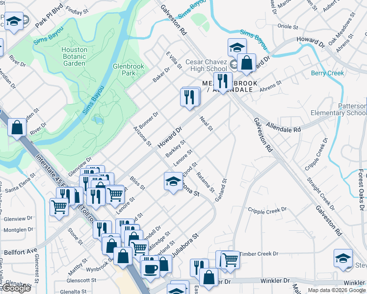 map of restaurants, bars, coffee shops, grocery stores, and more near 8258 Barkley Street in Houston