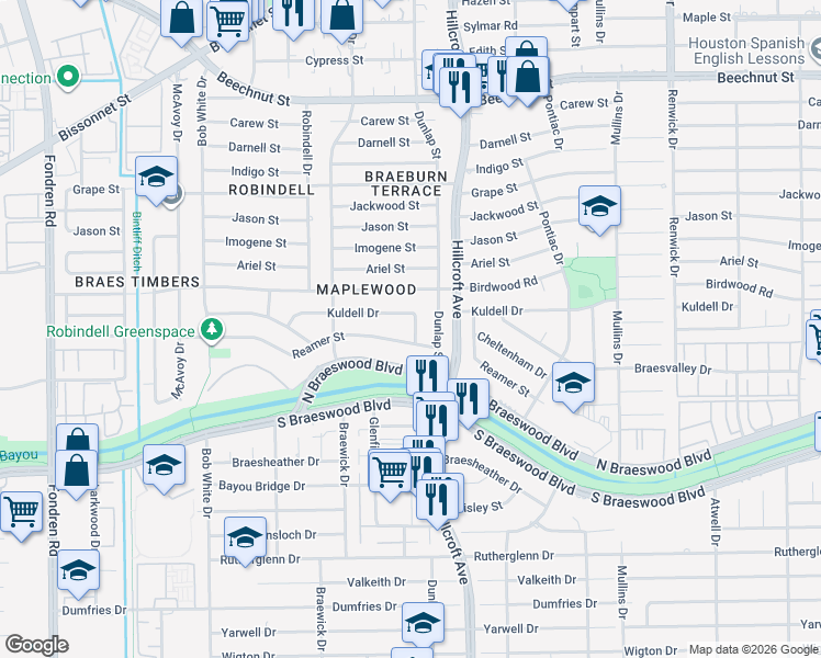 map of restaurants, bars, coffee shops, grocery stores, and more near 9014 Carlota Court in Houston