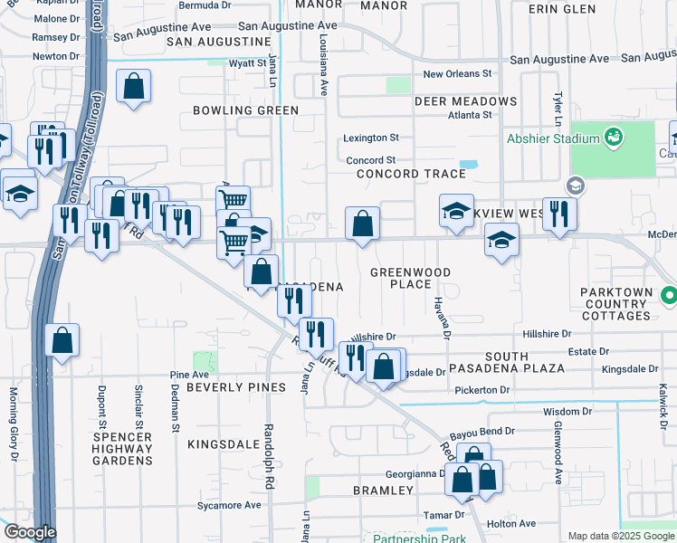 map of restaurants, bars, coffee shops, grocery stores, and more near 3409 Chandler Ln in Deer Park