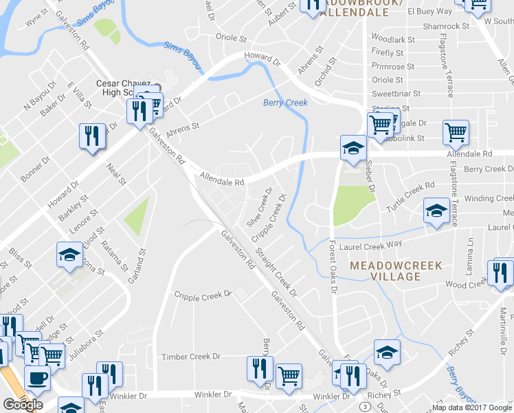 map of restaurants, bars, coffee shops, grocery stores, and more near 61 Silver Creek Drive in Houston