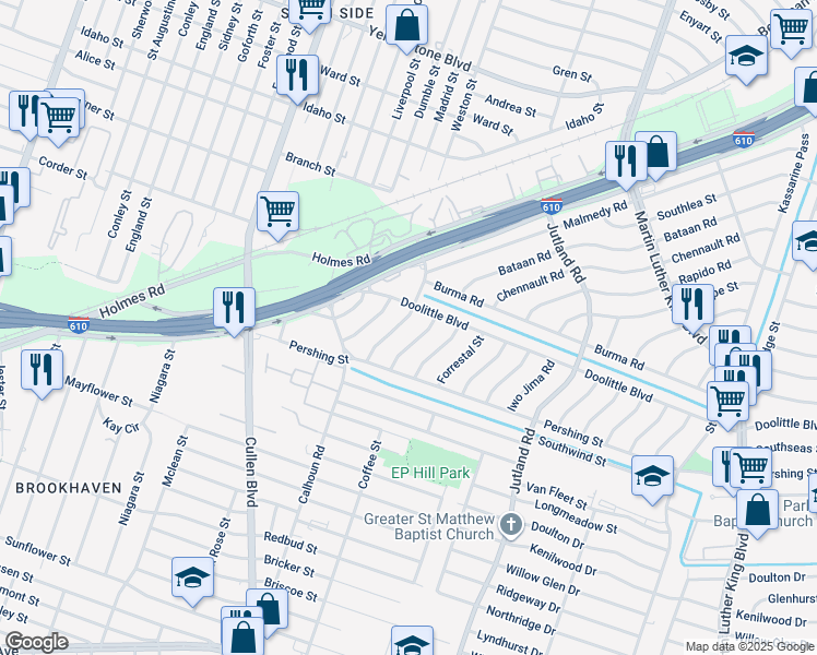 map of restaurants, bars, coffee shops, grocery stores, and more near 7314 Dunkirk Road in Houston