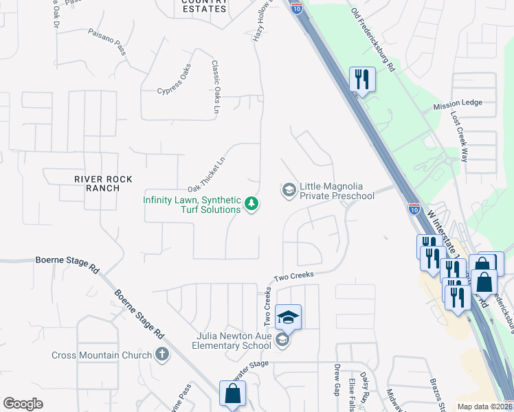 map of restaurants, bars, coffee shops, grocery stores, and more near 25518 Hazy Hollow Drive in San Antonio