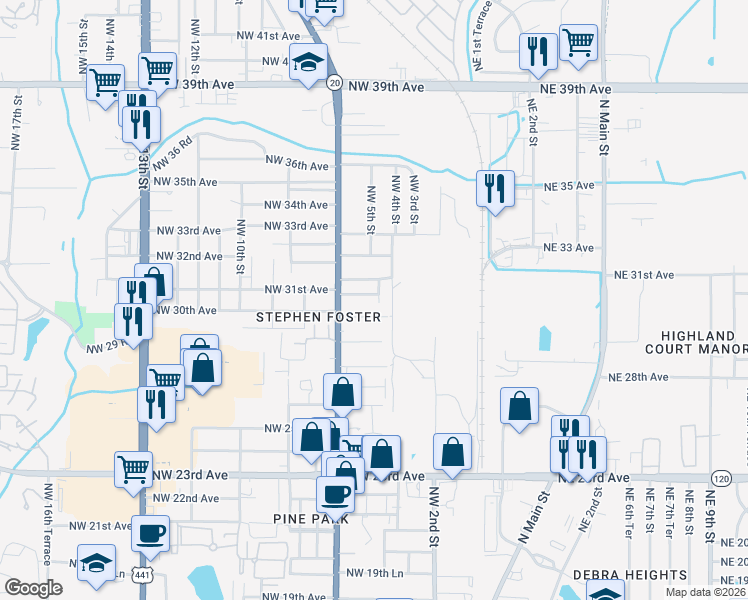map of restaurants, bars, coffee shops, grocery stores, and more near 535 Northwest 31st Avenue in Gainesville