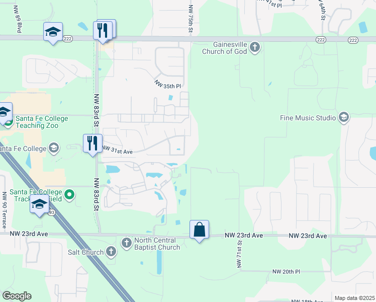 map of restaurants, bars, coffee shops, grocery stores, and more near 2931 Northwest 75th Terrace in Gainesville