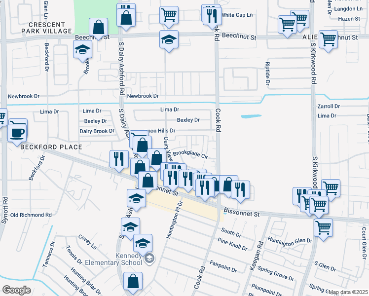 map of restaurants, bars, coffee shops, grocery stores, and more near 12500 Brookglade Circle in Houston